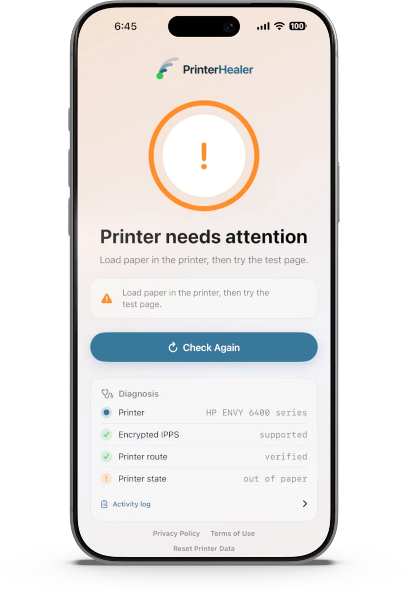 PrinterHealer's diagnosis showing the printer is out of paper