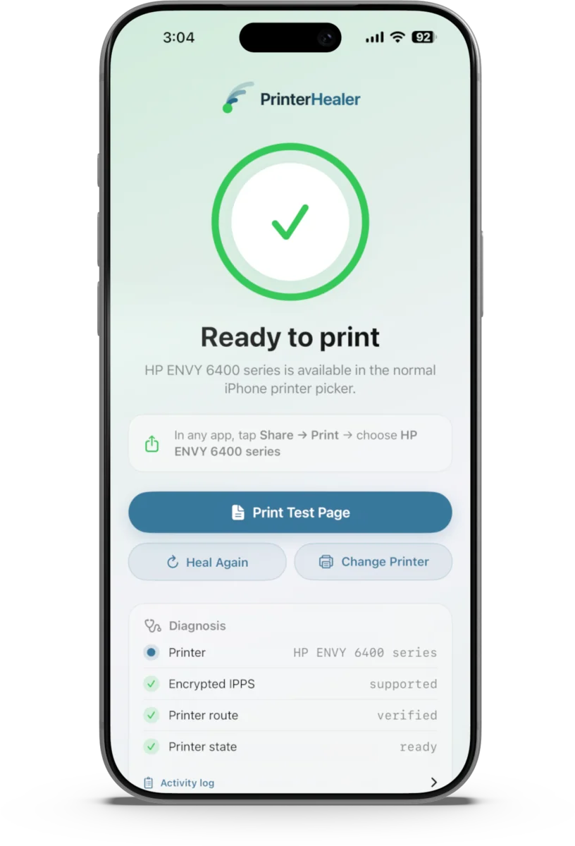 PrinterHealer showing Ready to print after healing the connection