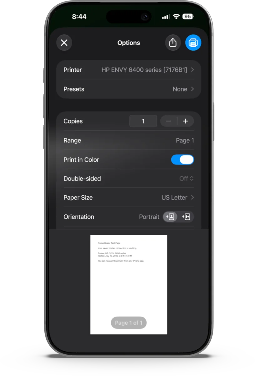 The healed printer available in Apple's normal iPhone print screen